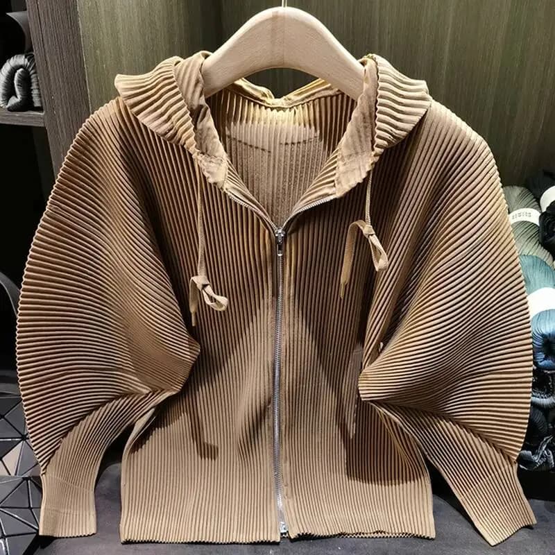 Drawstring Spring New Hooded Pleated Zipper Women's Sweatshirts Loose Elegant Simple High Quality Cardigan Coat 245YG
