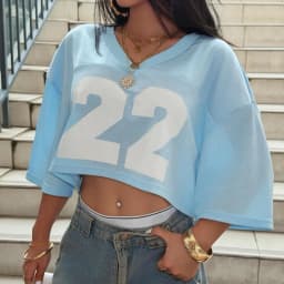 Solid Color Printed V Neck Crop Top American Women Street Wear Summer Fashion Breathable Mesh Short Sleeve Baseball T Shirt