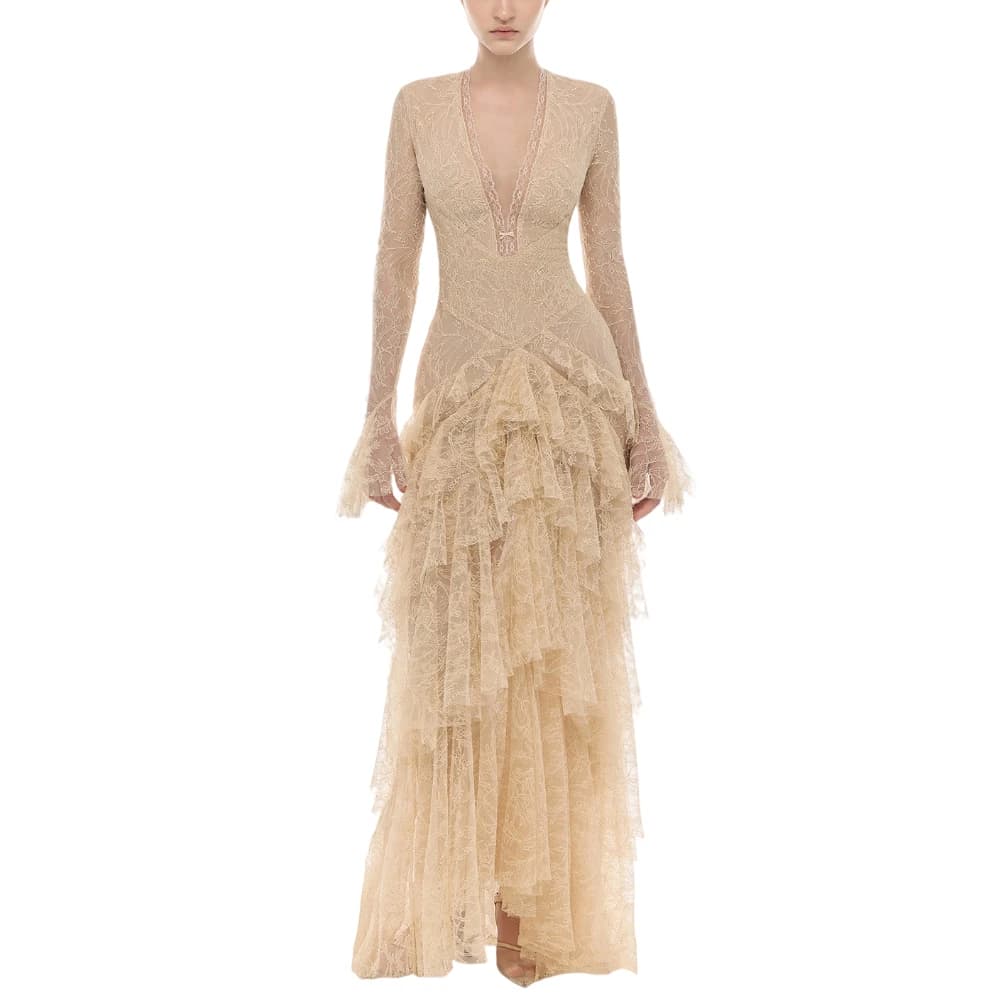 Retro Elegant Lace Dresses Deep V Neck Long Bell Sleeve Tiered Ruffle Gown Women Sexy Luxurious Wedding Guests Dinner Party