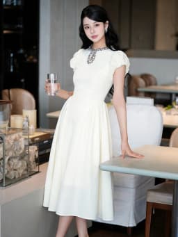 Vintage Elegant Puff Sleeve Dress Summer O-Neck High Waist Slim Midi A-Line Dresses Women Robe Formal Occasion Party Gown Daily