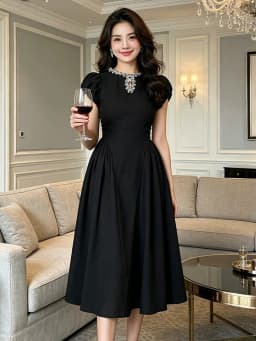 Vintage Elegant Puff Sleeve Dress Summer O-Neck High Waist Slim Midi A-Line Dresses Women Robe Formal Occasion Party Gown Daily