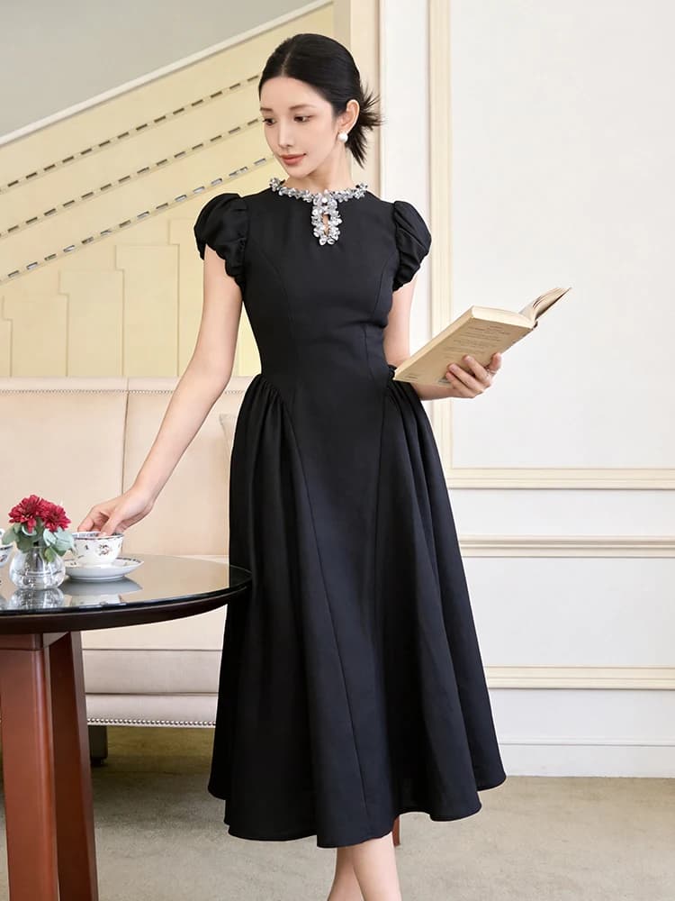 Vintage Elegant Puff Sleeve Dress Summer O-Neck High Waist Slim Midi A-Line Dresses Women Robe Formal Occasion Party Gown Daily