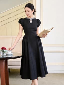 Vintage Elegant Puff Sleeve Dress Summer O-Neck High Waist Slim Midi A-Line Dresses Women Robe Formal Occasion Party Gown Daily