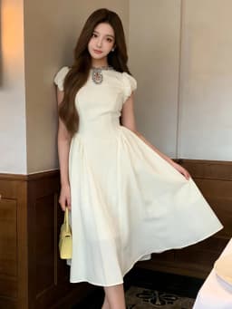 Vintage Elegant Puff Sleeve Dress Summer O-Neck High Waist Slim Midi A-Line Dresses Women Robe Formal Occasion Party Gown Daily