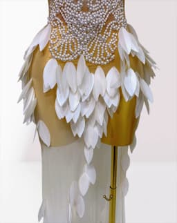 White Acrylic Feathers Mesh Sheer Strapless Long Dress Woman Birthday Party Wedding Party Dress Stage Performance Costume