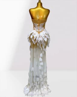 White Acrylic Feathers Mesh Sheer Strapless Long Dress Woman Birthday Party Wedding Party Dress Stage Performance Costume