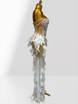 White Acrylic Feathers Mesh Sheer Strapless Long Dress Woman Birthday Party Wedding Party Dress Stage Performance Costume