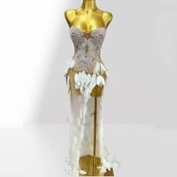 White Acrylic Feathers Mesh Sheer Strapless Long Dress Woman Birthday Party Wedding Party Dress Stage Performance Costume