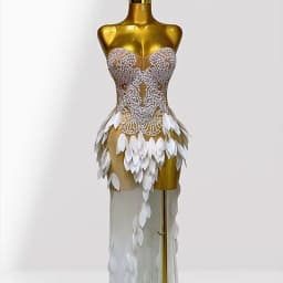 White Acrylic Feathers Mesh Sheer Strapless Long Dress Woman Birthday Party Wedding Party Dress Stage Performance Costume