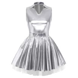 Womens Adult Metallic Shiny Disco Bar Tutu Dress Lapel V Neck Sleeveless A-line Hem with Tulle Layers Retro Pleated Mini Dress