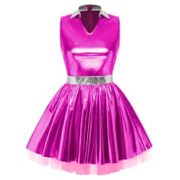 Womens Adult Metallic Shiny Disco Bar Tutu Dress Lapel V Neck Sleeveless A-line Hem with Tulle Layers Retro Pleated Mini Dress
