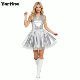 Womens Adult Metallic Shiny Disco Bar Tutu Dress Lapel V Neck Sleeveless A-line Hem with Tulle Layers Retro Pleated Mini Dress