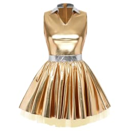 Womens Adult Metallic Shiny Disco Bar Tutu Dress Lapel V Neck Sleeveless A-line Hem with Tulle Layers Retro Pleated Mini Dress