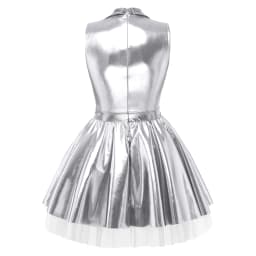 Womens Adult Metallic Shiny Disco Bar Tutu Dress Lapel V Neck Sleeveless A-line Hem with Tulle Layers Retro Pleated Mini Dress
