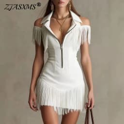 Woman Sexy Front Zipper Turn-down Collar Mini Dress Spring Hollow Off Shoulder Tassel Party Dress New Summer Suede Bodycon Dress