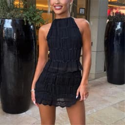 Two Piece Skirt Set for Y2k Lace Sheer Mesh Ruched Halter Top Smocked Mini Skirt Summer Beach Matching Outfits Women