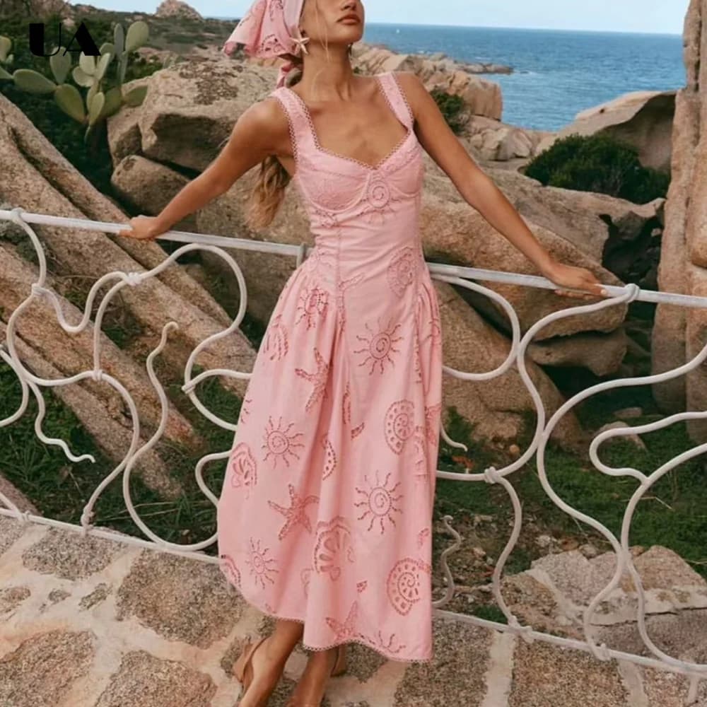 French Style A-line Hollow Out Long Dresses for Women, Vacation Style V-neck Maxi Dress, Fashionable Sleeveless Solid Dress