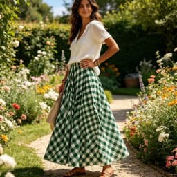 Checkered Pattern High Waist Skirt Casual Full Flared Elastic Waistband A Line Swing Maxi Long Skirt For Women 6XDA