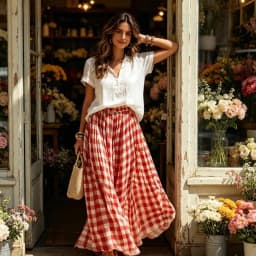 Checkered Pattern High Waist Skirt Casual Full Flared Elastic Waistband A Line Swing Maxi Long Skirt For Women 6XDA