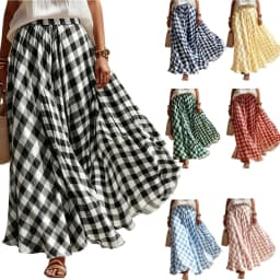 Checkered Pattern High Waist Skirt Casual Full Flared Elastic Waistband A Line Swing Maxi Long Skirt For Women 6XDA