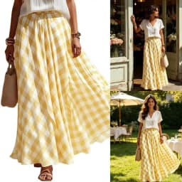 Checkered Pattern High Waist Skirt Casual Full Flared Elastic Waistband A Line Swing Maxi Long Skirt For Women 6XDA
