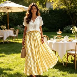 Checkered Pattern High Waist Skirt Casual Full Flared Elastic Waistband A Line Swing Maxi Long Skirt For Women 6XDA