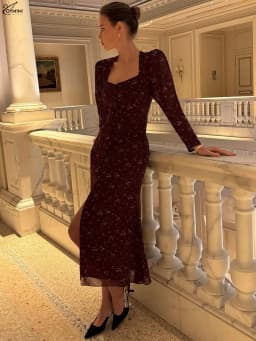 Oymimi Elegant Wine Red Print Women's Dress Fashion Wrist Sleeve Single Breasted Dresses Casual High Waisted Mid-Calf Dresses