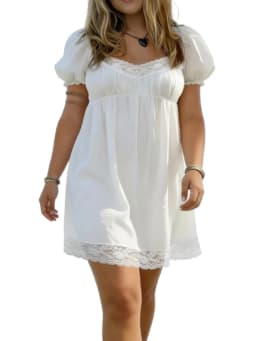 Women s Plus Size Mini Dress Summer Lace Trim Patchwork Puff Short Sleeve Square Neck A Lline Dress