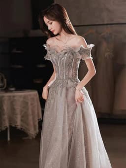 Fashion Gray Sequined Ruffles Strapless Dress Women's Slim Fit Big Swing Ankle-length Evening Dresses New E5HG