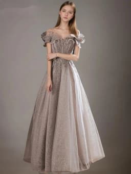 Fashion Gray Sequined Ruffles Strapless Dress Women's Slim Fit Big Swing Ankle-length Evening Dresses New E5HG