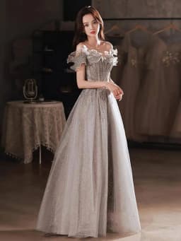 Fashion Gray Sequined Ruffles Strapless Dress Women's Slim Fit Big Swing Ankle-length Evening Dresses New E5HG