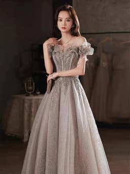 Fashion Gray Sequined Ruffles Strapless Dress Women's Slim Fit Big Swing Ankle-length Evening Dresses New E5HG