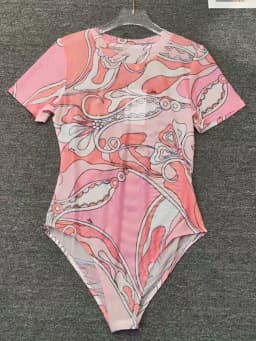 Retro Summer Women's New Short-Sleeved Slim Stretch Printed Jumpsuit Fashion Joker Tulle Perspective Gauze Temperament Top.