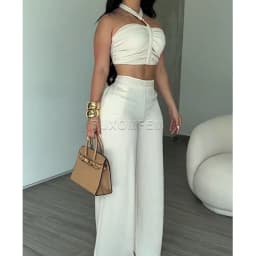Two Piece Woven Strapless & Trimmed Flared Pants Set Women's Fashion Jumpsuits Streetwear Outfit Stylish Evening Party Clothings