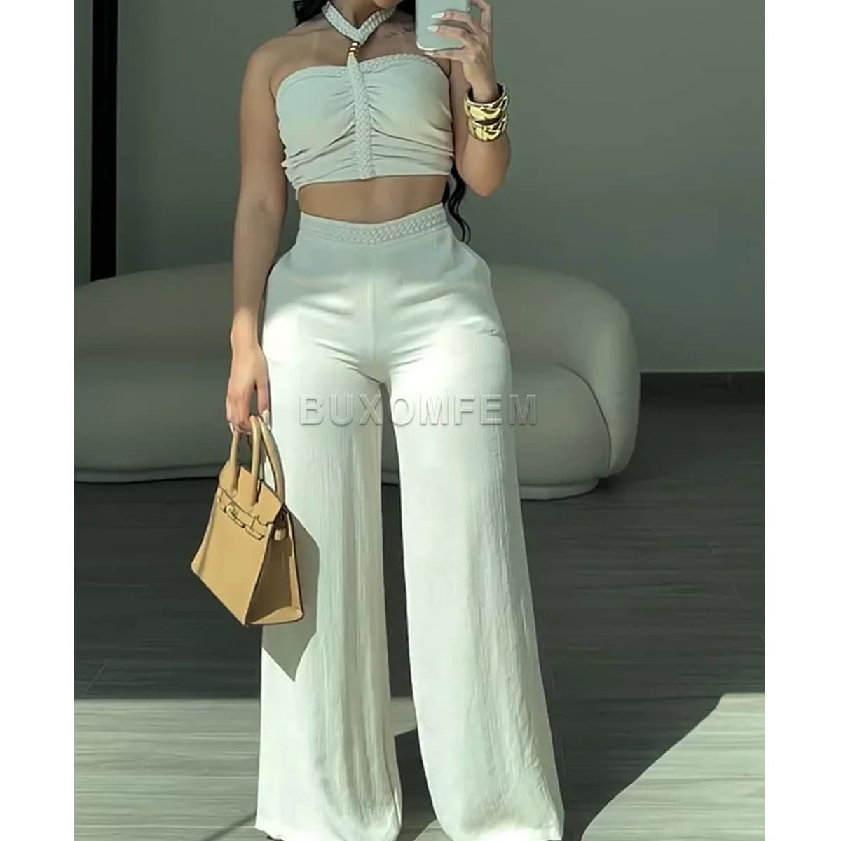 Two Piece Woven Strapless & Trimmed Flared Pants Set Women's Fashion Jumpsuits Streetwear Outfit Stylish Evening Party Clothings