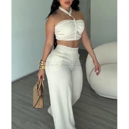 Two Piece Woven Strapless & Trimmed Flared Pants Set Women's Fashion Jumpsuits Streetwear Outfit Stylish Evening Party Clothings