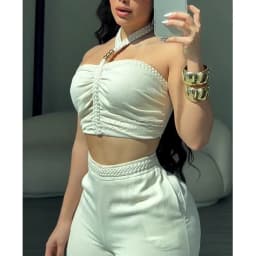 Two Piece Woven Strapless & Trimmed Flared Pants Set Women's Fashion Jumpsuits Streetwear Outfit Stylish Evening Party Clothings