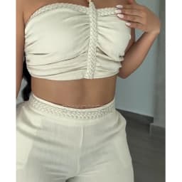 Two Piece Woven Strapless & Trimmed Flared Pants Set Women's Fashion Jumpsuits Streetwear Outfit Stylish Evening Party Clothings