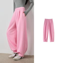 TOYOUTH Women's Rose Pink Elastic Waist Tapered Balloon Pants 2026 Autumn New Loose Fit Slimming