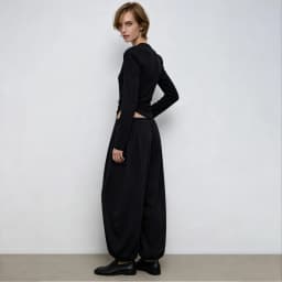 IG Women 2 Piece Matching Outfit Structured Shoulder Curved Hem Long Sleeve Top High Waist Pleated Wide Leg Pants Solid Black