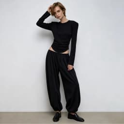 IG Women 2 Piece Matching Outfit Structured Shoulder Curved Hem Long Sleeve Top High Waist Pleated Wide Leg Pants Solid Black