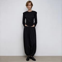 IG Women 2 Piece Matching Outfit Structured Shoulder Curved Hem Long Sleeve Top High Waist Pleated Wide Leg Pants Solid Black