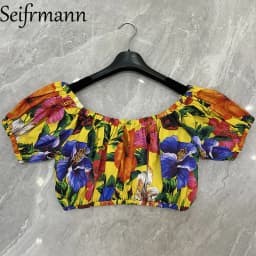 Seifrmann Casual printed cotton two-piece round neck short-sleeved top high waist skirt suit 2026 summer new women's clothing