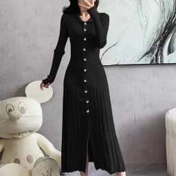 Polo Collar Pullover Temperament Hollow Knitted Long Dress for Women