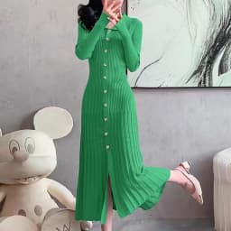 Polo Collar Pullover Temperament Hollow Knitted Long Dress for Women