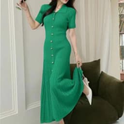 Polo Collar Pullover Temperament Hollow Knitted Long Dress for Women