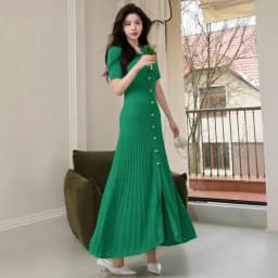 Polo Collar Pullover Temperament Hollow Knitted Long Dress for Women