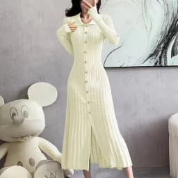 Polo Collar Pullover Temperament Hollow Knitted Long Dress for Women