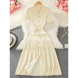 Polo Collar Pullover Temperament Hollow Knitted Long Dress for Women