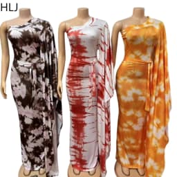 HLJ Women Floral Print One Flare Sleeve Maxi Dress Tie-dye Patchwork Mock Neck Belted Bodycon Dresses Female Party Clubwear New